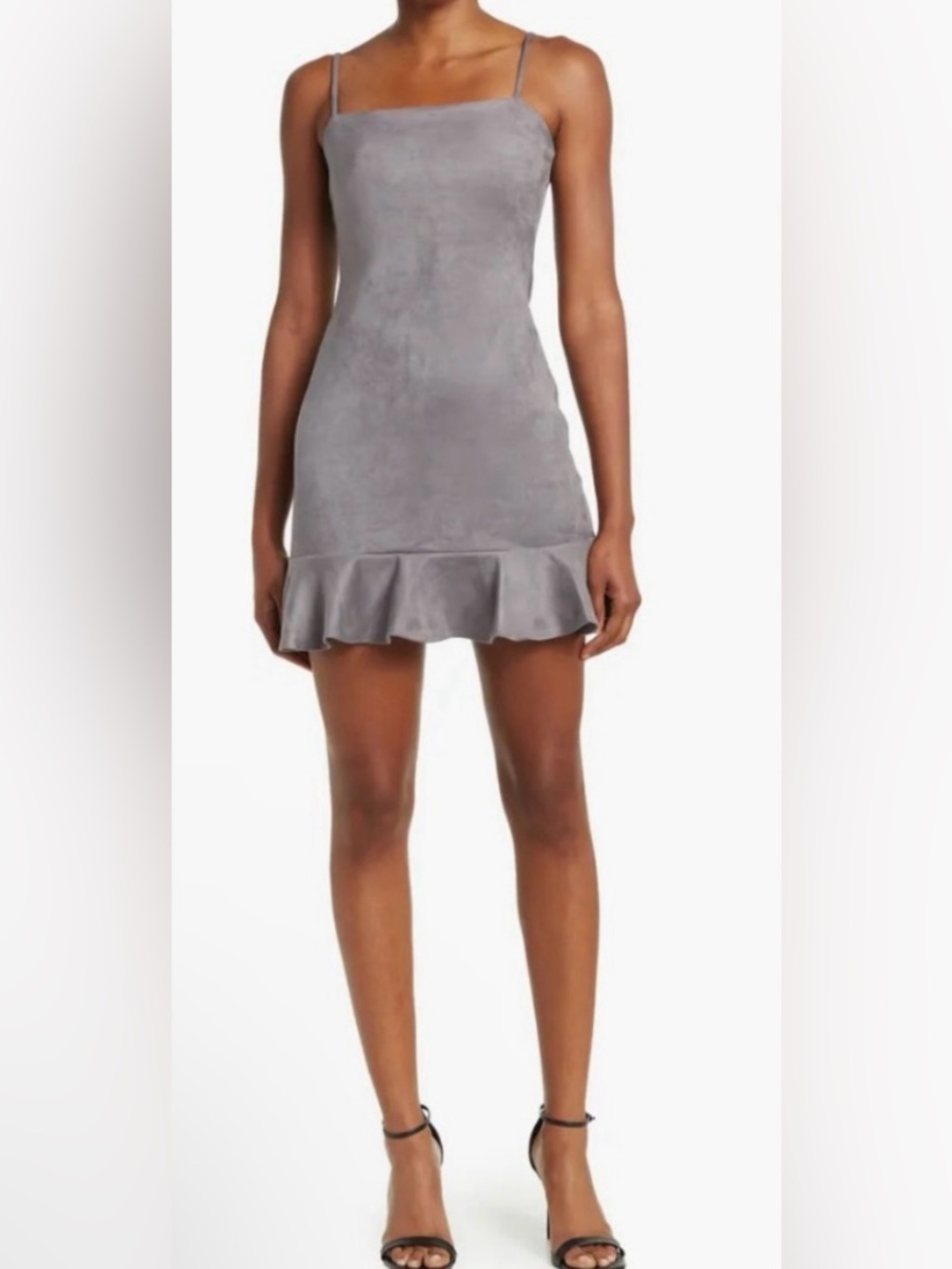 #50 SUSANA MONACO RUFFLE HEM SLEEVELESS FAUX SUEDE DRESS IN SILVER